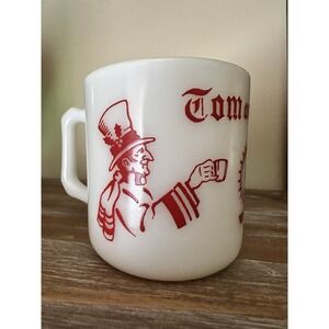Tom and Jerry Hazel Atlas Egg Nog Glass Cup- RARE Holiday Milk Glass w/Red Print